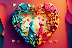 illustration of origami Valentine day background, happy couple, colorful. Paper cut craft, 3d paper style. Neural network generated art. Digitally generated image photo
