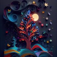 illustration of photo paper cut quilling multidimensional paper cut, craft paper illustration, christmas tree and colored lights vine stars, pop color. Neural network generated art.