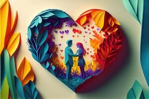 illustration of origami Valentine day background, happy couple, colorful. Paper cut craft, 3d paper style. Neural network generated art. Digitally generated image photo