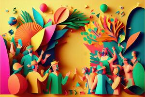 illustration of People in New Year's Eve party background, men and women celebrating holidays together, partying, cheering and dancing. Paper cut craft, 3d paper illustration style. photo