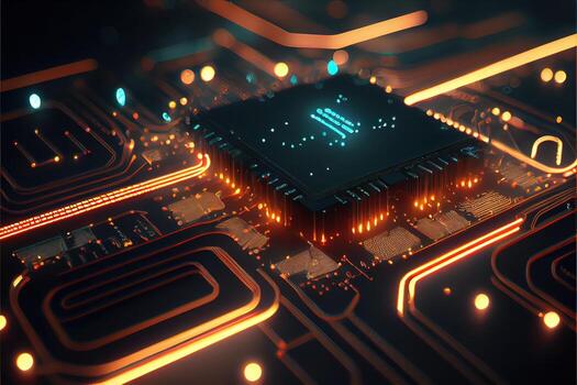 illustration of macro shot of circuit cyberspace board with computer motherboard component microchip with chip structure. Neural network generated art. photo