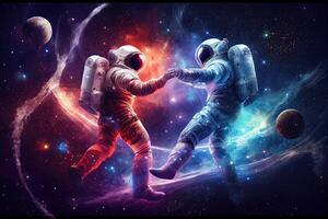 illustration of two astronauts, dressed in spacesuits, are floating in zero gravity while dancing closely. The background is a breathtaking view of the galaxy, with stars and nebulae photo