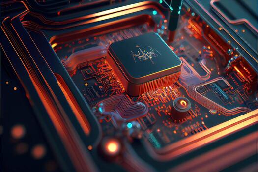 illustration of macro shot of circuit cyberspace board with computer motherboard component microchip with chip structure. Neural network generated art. photo