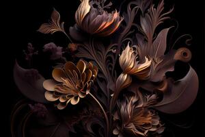 illustration of beautiful dark abstract exotic flowers. Luxurious dark ink flowers and patterns. photo