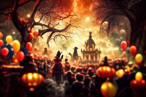 illustration of Colorful halloween indoor party, children playing on night halloween street, creepy castle, american neighborhood background. Digitally generated image. photo