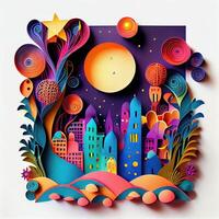 illustration of Photo paper cut quilling multidimensional paper cut, craft paper illustration, fireworks and beautiful city in new year eve, national day with colored lights, pop color.