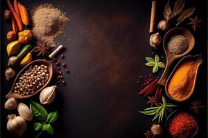 illustration of wide variety spices and herbs on background of black table, with empty space photo