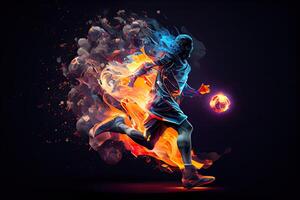 illustration of the essence of a soccer player in motion as they kick a ball with intense energy, surrounded by vibrant colors and splashes photo