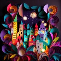 illustration of Photo paper cut quilling multidimensional paper cut, craft paper illustration, fireworks and beautiful city in new year eve, national day with colored lights, pop color.