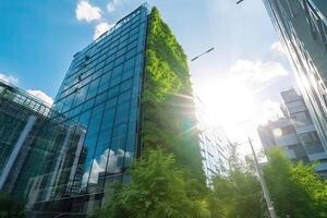 illustration of Gorgeous garden on the rooftop of a contemporary glass office building in Asia photo