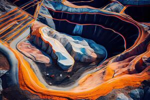 illustration of an aerial panorama of an anthracite coal mine, showcasing a big yellow mining truck collecting rocks in an open pit mine photo