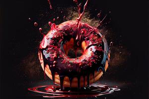 illustration of oil splatters, giant glistening doughnut, dark red candy apple, over top and dripping down sides, floating in black back drop. Digitally generated image photo