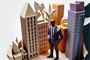 Business man in the city background, colorful. Business handshaking, successful concept. Paper cut craft, 3d paper illustration style. Neural network generated art. photo