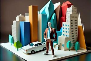 Business man in the city background, colorful. Business handshaking, successful concept. Paper cut craft, 3d paper illustration style. Neural network generated art. photo