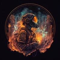 illustration of cyberpunk astronaut with a industrial smoke, mechanic detail on shoulders, pollution, centered inside intricate gold and fire circle of city and Skyscrapers photo