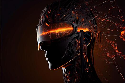 illustration of Metaverse concept and virtual world elements. Silhouette of a human face in augmented or virtual reality headset. Neural network art photo