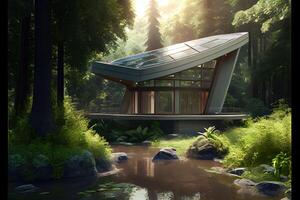 illustration of A prototype architectural design for a futuristic, eco-friendly home, with a sleek, modern design with a small stream running through the yard. photo