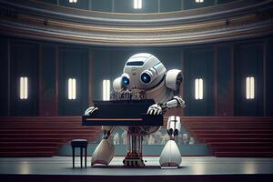 generativo ai ilustración de robot jugando el piano en un grandioso concierto salón foto