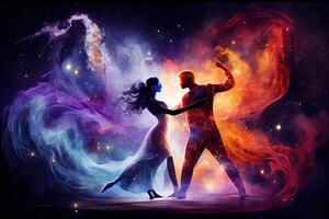 generativo ai ilustración de un encantador imagen de dos amantes bailando en un mágico espacio antecedentes foto