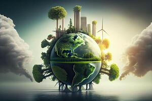 illustration of Green enterprises that rely on renewable energy can reduce climate change and global warming. without any emissions of carbon dioxide, a clean environment photo