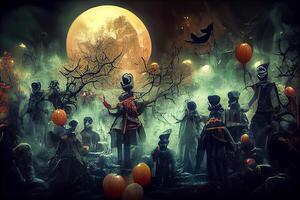 illustration of Colorful halloween indoor party, children playing on night halloween street, creepy castle, american neighborhood background. Digitally generated image. photo