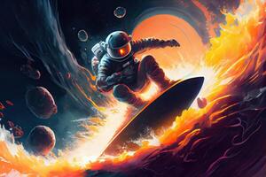 illustration of a space explorer riding a rocket-powered surfboard through an asteroid field, in a digital art style with a galactic color palette photo