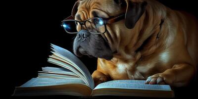 illustration of Intelligent serious dog in glasses reading a book, volumn light photo
