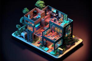 illustration of Office on smart phone, isometric diorama, land plot, pop color, colorful. Digitally generated image photo