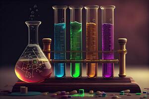 illustration of the periodic chart are test tubes and flasks used in laboratories with colored liquids photo