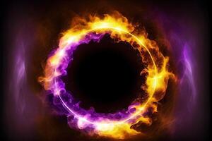 illustration of neon smoke exploding outwards with empty center. Dramatic smoke or fog effect for spooky, hot lighting ring circle photo