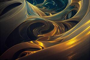 illustration of Swirling golden and blue. Acrylic Fluid Art. Dark blue waves in abstract ocean and golden foamy waves. Marble effect, abstract glistening golden solid liquid waves photo