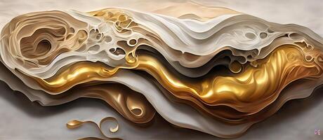 illustration of abstract fluid composing waves of varying sizes and colors is divided into layers, taupe, ivory, white, beige, and soft gold colors, gold glitter photo