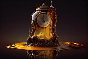 generativo ai ilustración de el espejismo de tiempo, un surrealista reloj hecho de dorado y mercurio materiales, derritiendo en un distorsionado y fluido conducta foto