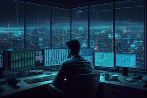 illustration of billionaire businessman data analyst in his futuristic control center, lots of monitors with statistical plots, economic graphs, charts, crypto data, glass windows photo