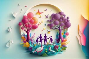 illustration of origami spring background, joyful elderly, happy family with parent, colorful. Paper cut craft, 3d paper illustration style, pop color. Neural network generated art. photo