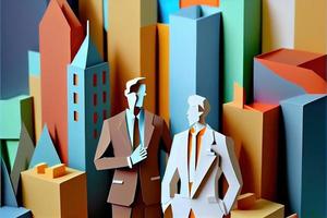 Business man in the city background, colorful. Business handshaking, successful concept. Paper cut craft, 3d paper illustration style. Neural network generated art. photo