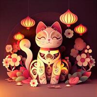 illustration of Paper cut craft, quilling multi dimensional Vietnamese style, cute zodiac kitty cat with lanterns in background, chinese new year. 3d paper illustration style. photo