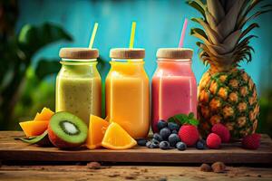 Generative AI illustration of smoothies and juices made from a variety of fresh fruits from the tropics. Clean eating, a healthy diet, and vitamin infused beverages are concepts, blurred background photo
