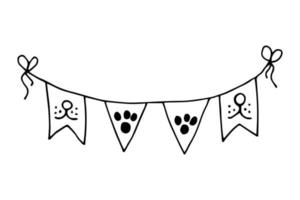 Simple vector doodle sketch, black outline drawing. Garland, flags on a rope with dog faces, traces of paws. For decor celebrating a pet.