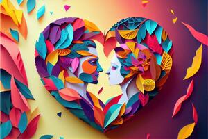 illustration of origami Valentine day background, happy couple, colorful. Paper cut craft, 3d paper style. Neural network generated art. Digitally generated image photo