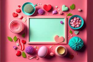 illustration of Valentine frame and banner. Red decoration. flat lay, romantic. Love and valentine day concept. Neural network generated art. Digitally generated image. photo