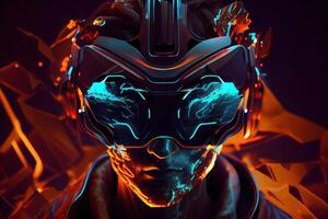 illustration of Metaverse concept and virtual world elements. Side view of human face in augmented or virtual reality headset inside the metaverse photo
