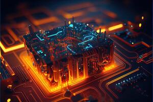 illustration of macro shot of circuit cyberspace board with computer motherboard component microchip with chip structure. Neural network generated art. photo