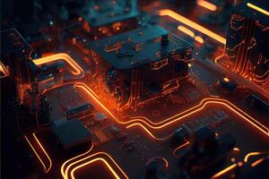 illustration of macro shot of circuit cyberspace board with computer motherboard component microchip with chip structure. Neural network generated art. photo