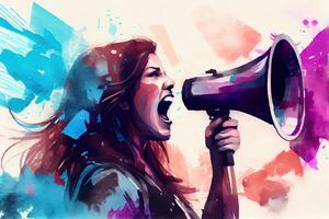 generativo ai ilustración de un libertad o mujer igualdad protesta para global cambiar, género igualdad o negro mujer altavoz lucha para apoyo, ciudad habla o humano derechos reunión por justicia guerrero foto