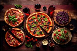 illustration of pizza party dinner. Flat-lay of various kinds of Italian pizza, salad and red wine in glasses over rustic wooden table, top view, wide composition photo