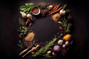 illustration of wide variety spices and herbs on background of black table, with empty space photo