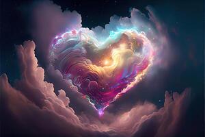 illustration of a heart floats in a surreal environment filled with clouds and swirling, pastel-colored gases, the heart is surrounded by a halo of glitter and holographic foil photo