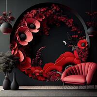illustration of the beauty and creativity of circular flower arch that seems to float in mid-air. The arch is adorned with bright red flowers and dark, striking black foliage photo