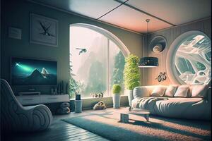 illustration of comfy living room from the year 2050, Scandinavian Japanese sci-fi design photo